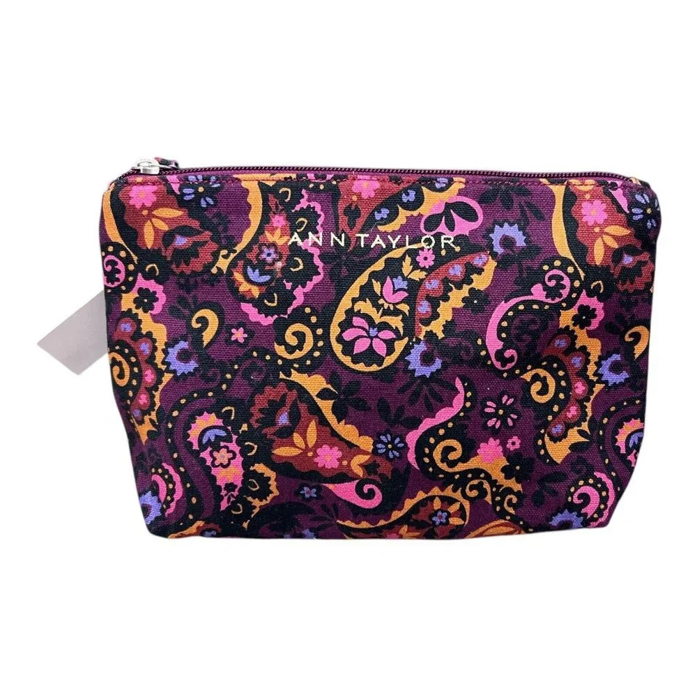 Ann Taylor Purple Floral Cosmetic Travel Bag Wristlet Clutch NWT